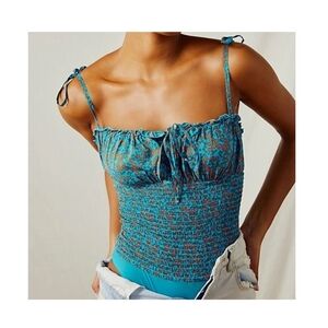 Free People Bardot Smocked Bodysuit Mesh Blue Size M